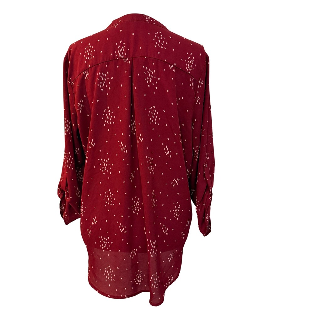 Lush Roll Tab Sleeve Blouse Women Size M Berry Red Cream Abstract Dash - Picture 4 of 8